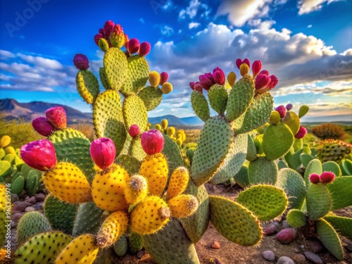 Vibrant cactus plants with colorful fruit against a stunning sky, showcasing the beauty of nature in a desert landscape. photo