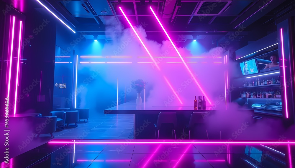 Futuristic Bar with Diagonal Neon Light Beams in Pink and Blue, Reflective Surfaces Futuristic Bar with Diagonal Neon Light Beams in Pink and Blue, Reflective Surfaces