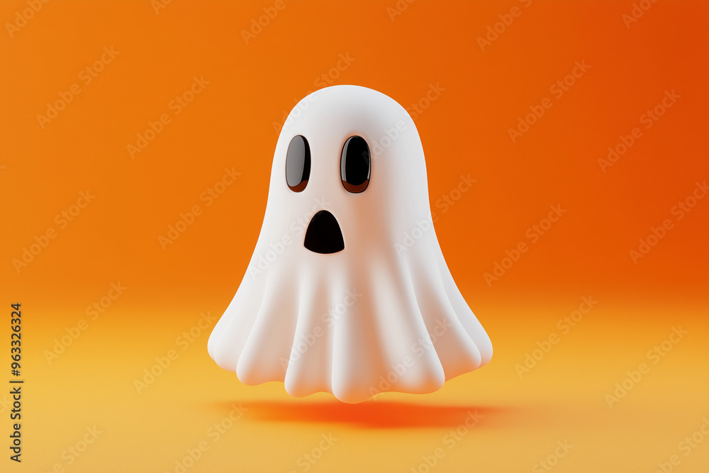 Funny Halloween decoration of White Ghost on an orange background.3d render illustration. Funny Halloween decoration of White Ghost on an orange background.3d render illustration.