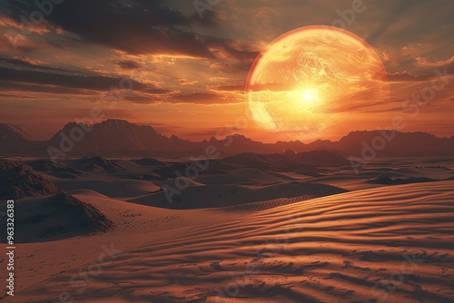 Dramatic sunset over a barren desert landscape with a giant red sun in the sky