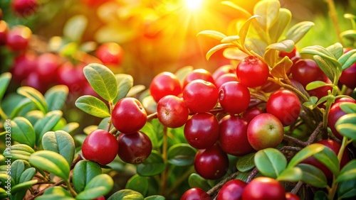 Vibrant red berries glisten in the sunlight, surrounded by lush green leaves, creating a stunning natural display.