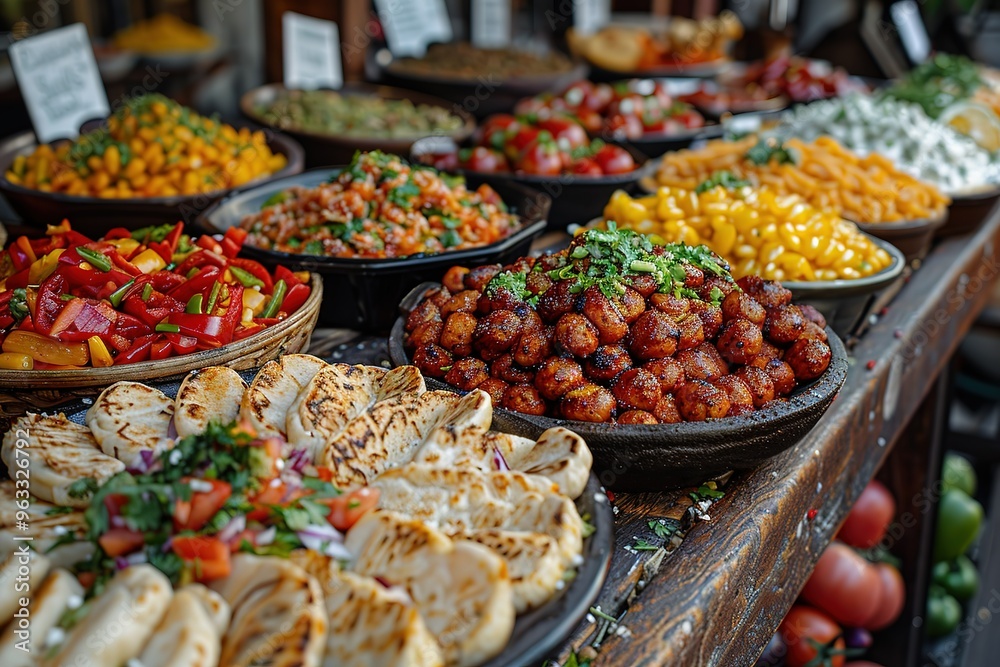 Obraz premium A table full of food with a variety of dishes including a bowl of meatballs