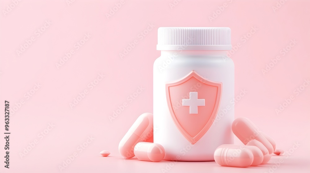 Minimalist 3D Rendered Vitamin Bottle with Shield Icon for Healthcare Fortification Minimalist 3D Rendered Vitamin Bottle with Shield Icon for Healthcare Fortification