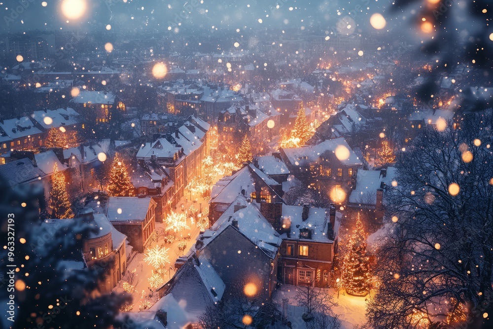 Obraz premium A winter cityscape illuminated by festive lights and falling snowflakes.