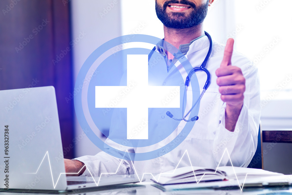 A man is giving a thumbs up to a medical symbol A man is giving a thumbs up to a medical symbol