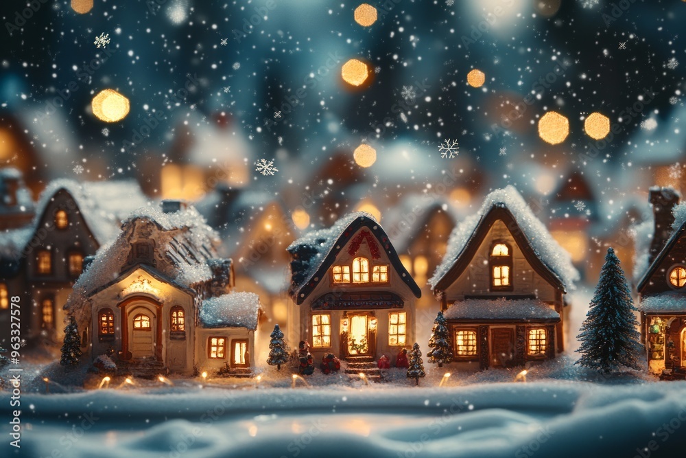 Fototapeta premium A cozy winter scene with snow-covered houses and twinkling lights.