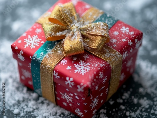 A beautifully wrapped Christmas gift adorned with a bow and snowflakes. photo