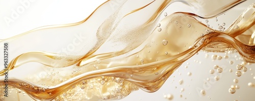 Golden liquid flowing and forming bubbles on light background photo