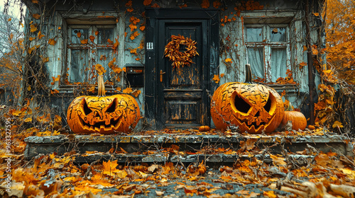 Spooky pumpkins sit on the porch of an old house. photo