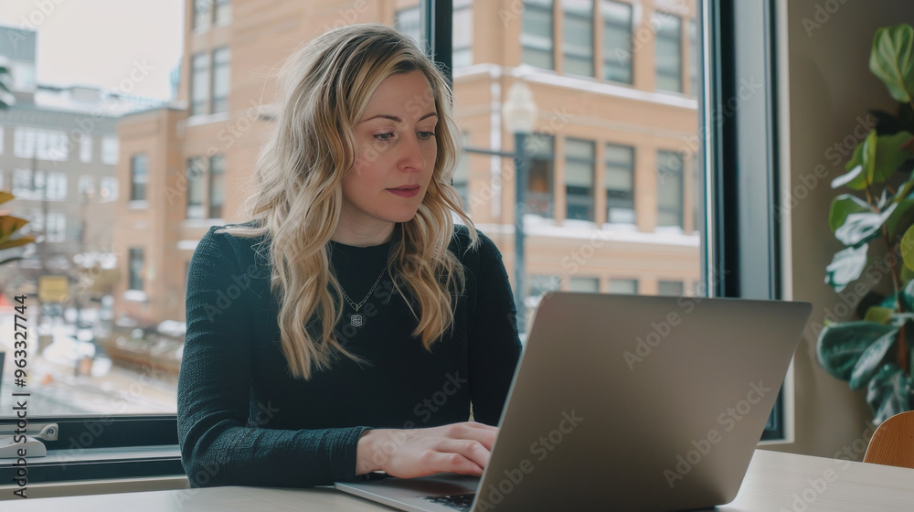 Business Workspace: Professional woman working remotely on a laptop in a modern home office Business Workspace: Professional woman working remotely on a laptop in a modern home office