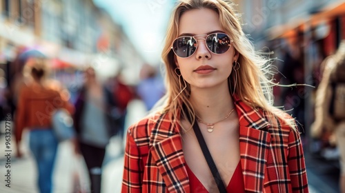 A stylish woman in sunglasses and a red plaid jacket walks through a busy city street.