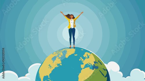 Triumphant Businesswoman Stands Atop Globe, Holding Prize and Symbolizing Success in World Economics and Global Opportunities