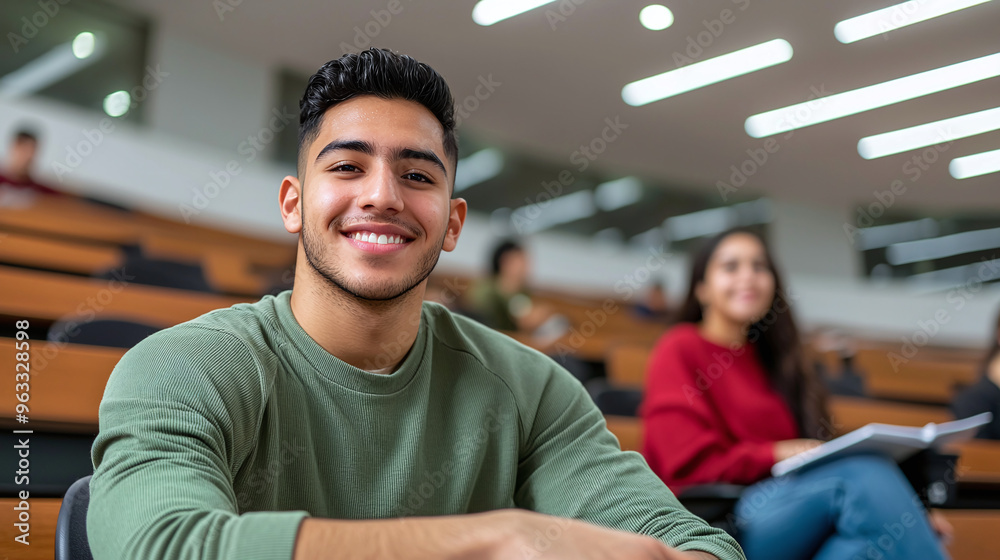 portrait of a smiling young male hispanic latino college student at university facility portrait of a smiling young male hispanic latino college student at university facility