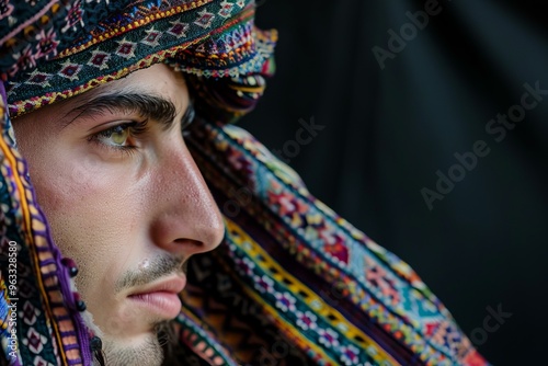 Closeup portrait of a young man wearing a colorful keffiyeh looking to the side with a neutral expression