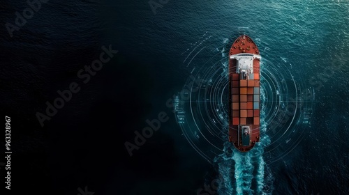 Autonomous cargo ships navigating through a digital map, top view, symbolizing future logistics with a space copy