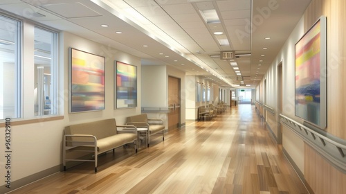 A clean hospital hallway with bright lighting, modern artwork, and waiting benches, showcasing a professional and soothing healthcare setting. Concept: professional healthcare, medical facility, clean