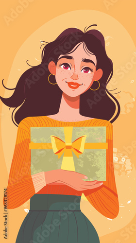 Smiling Woman Holding Gift Box with Loyalty Program and Bonus Points Concept