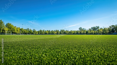 Expansive green sports field viewed from a distance with vivid turf patterns and clear blue sky, designed for use as wallpaper