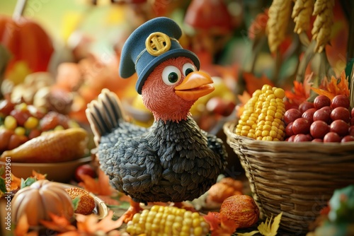 Cute Thanksgiving Turkey in Pilgrim Hat with Harvest Decorations - Perfect for Holiday Cards and Posters photo