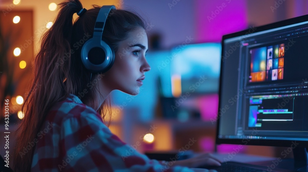 Woman in headphones working on computer Woman in headphones working on computer