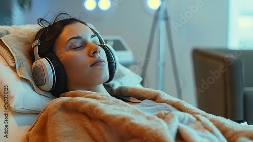 Patient Relaxing During Treatment. A patient wearing headphones and relaxing under a warm blanket during a treatment, portraying a comfortable and stress-free environment.
