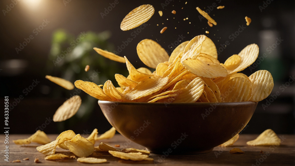 Aesthetic shot of potato chips flying out of a white bowl, capturing motion with a dark background. Aesthetic shot of potato chips flying out of a white bowl, capturing motion with a dark background.