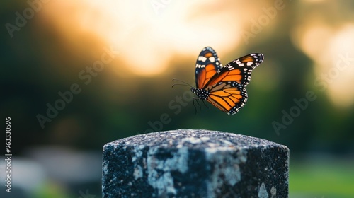 A butterfly flying over a gravestone, transformation, life and death intertwined