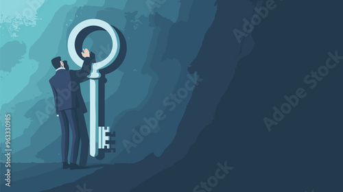 Exhausted Businessman Struggling to Unlock Success with Oversized Key photo