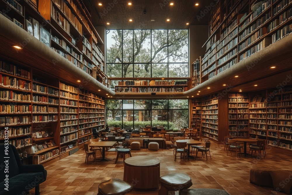 Modern Library with Elegant Wooden Shelving.. Modern Library with Elegant Wooden Shelving..