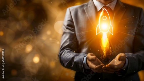 A businessman holds a glowing rocket in his hands, symbolizing growth, ambition, and success.