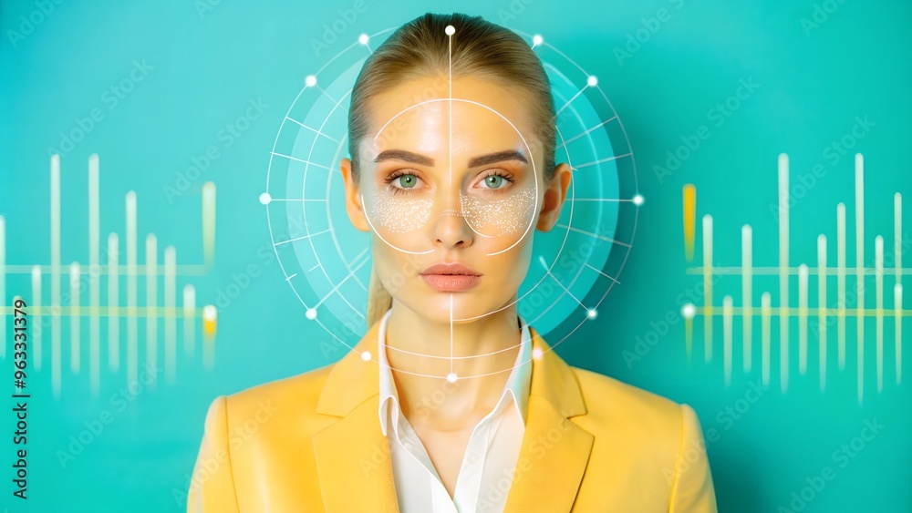 ฆmart technology for face recognition, double exposure. Biometric identification, futuristic cyber security, scanning, and facial detection
