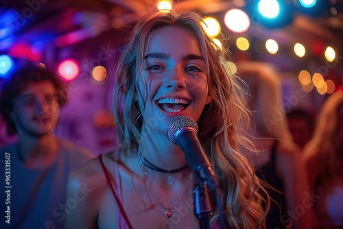 A woman is singing into a microphone in a club photo