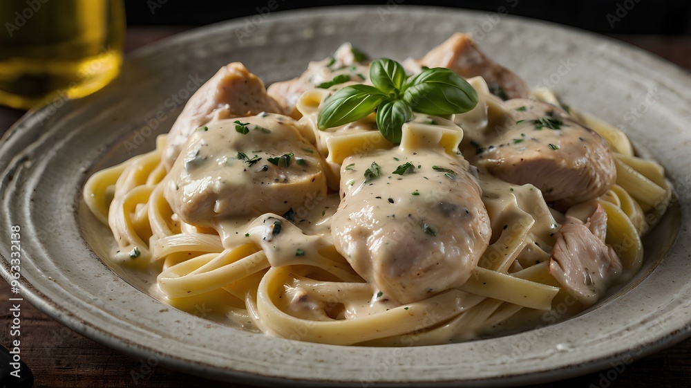 Delicious chicken alfredo, studio shot Delicious chicken alfredo, studio shot