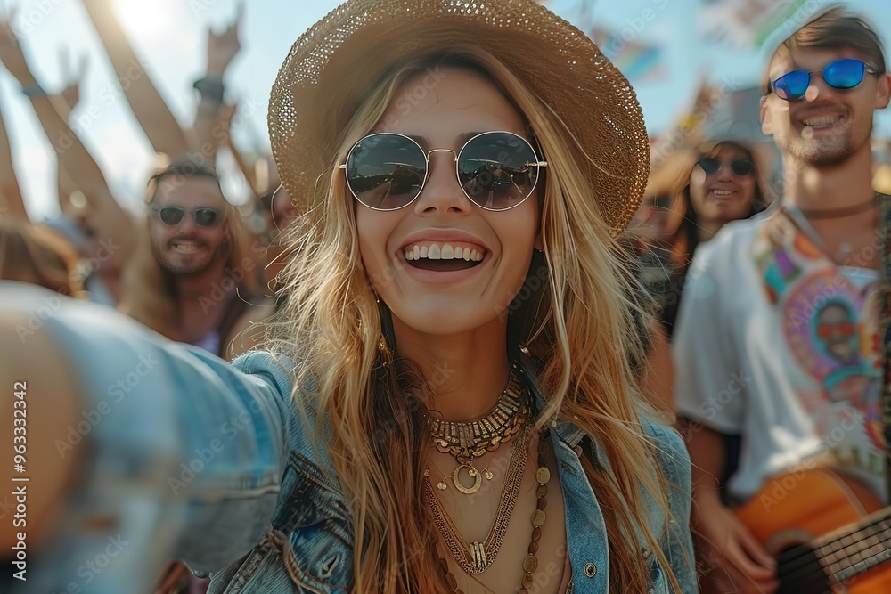 A woman wearing a straw hat and sunglasses is smiling and taking a selfie A woman wearing a straw hat and sunglasses is smiling and taking a selfie