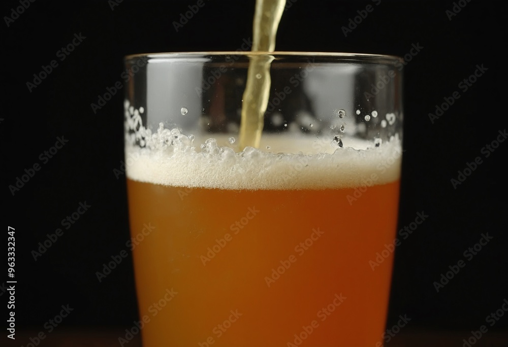 Close up of Pouring Golden Craft Beer in Glass with Frothy Foam and Bubbles on Dark Background