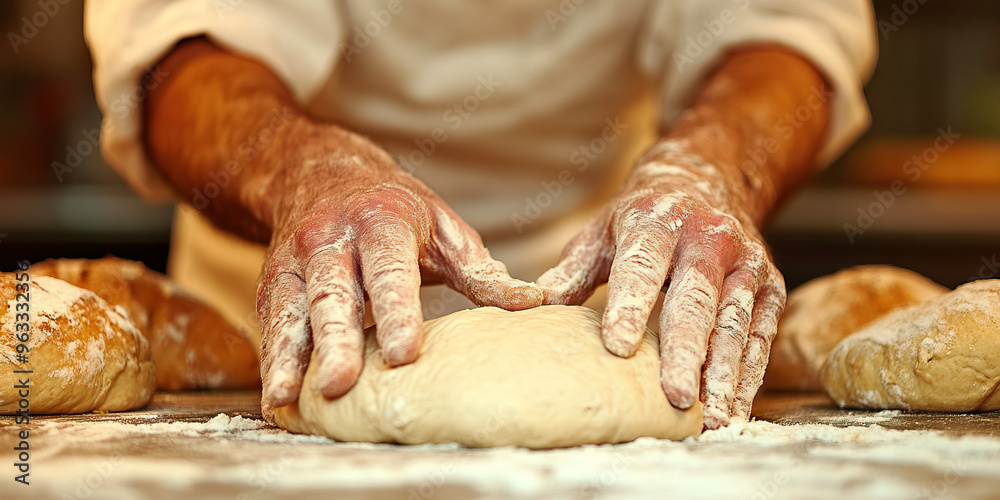 The Baker's Artistry: A skilled baker expertly kneading dough for a fresh batch of bread. The Baker's Artistry: A skilled baker expertly kneading dough for a fresh batch of bread.