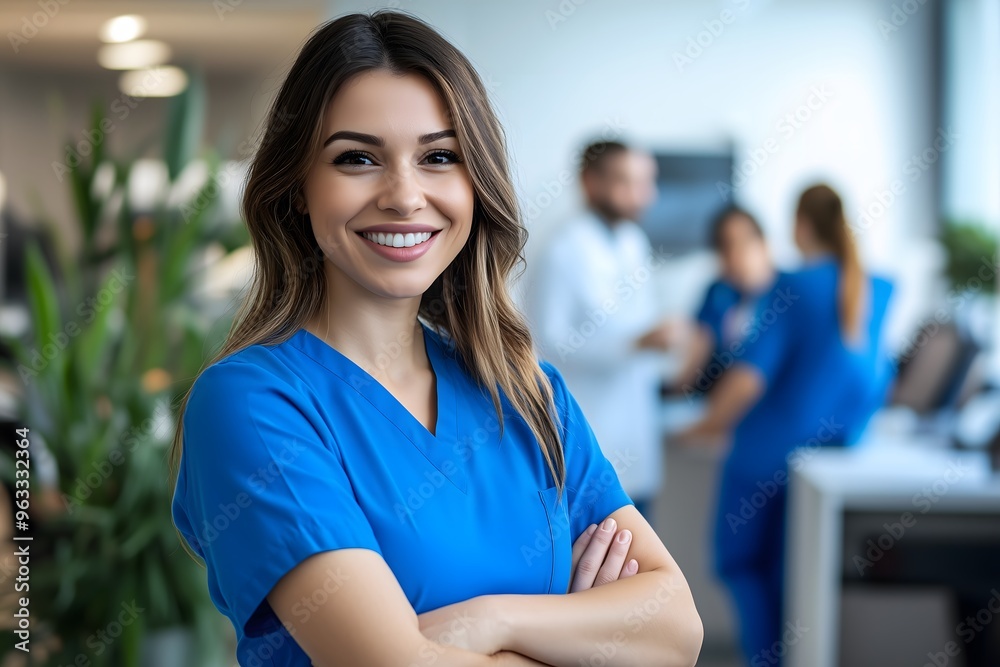 Fototapeta premium In a hospital corridor, a young nurse stands smiling while doctors and staff are seen behind her. Portrait of a young nurse with healthcare professionals.