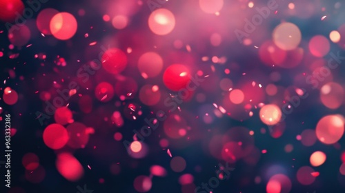 Abstract red bokeh circles in vibrant motion, with floating confetti particles creating a festive, celebratory feel.