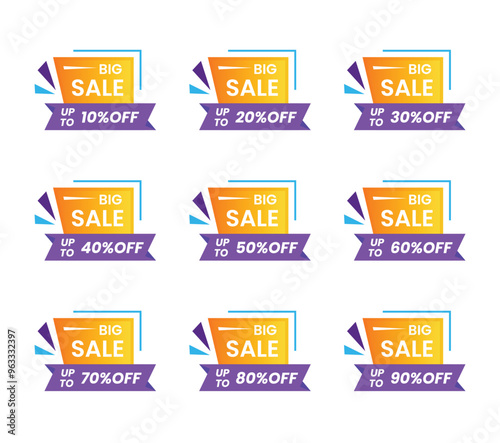 Discount numbers set Special offer discount with different value percent off. 90, 85, 80, 75, 70, 65, 60, 55, 50, 45, 40, 35, 30, 25, 20, 15, 10 percentage price reduction label. Sale offer