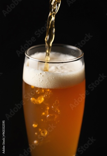 Wallpaper Mural Close up of Pouring Golden Craft Beer in Glass with Frothy Foam and Bubbles on Dark Background Torontodigital.ca