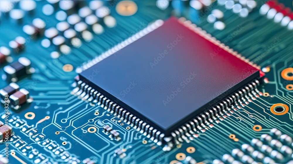 Close-up of a microchip on a circuit board, showcasing intricate electronic components and connections in vivid detail. Close-up of a microchip on a circuit board, showcasing intricate electronic components and connections in vivid detail.