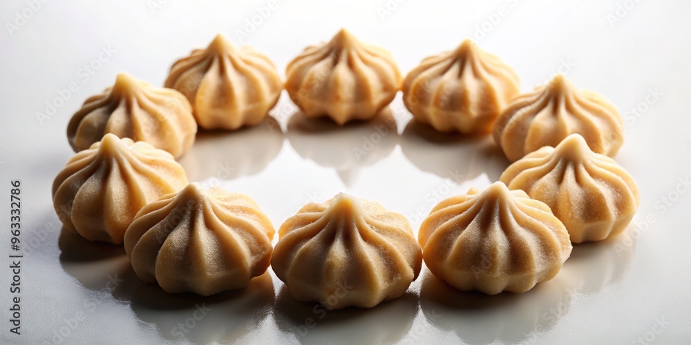 Against a stark white backdrop, a delicate circle of modak forms a stunning visual contrast, as the subtle play of light and shadow accentuates the tender curves and tantalizing filling of each piece Against a stark white backdrop, a delicate circle of modak forms a stunning visual contrast, as the subtle play of light and shadow accentuates the tender curves and tantalizing filling of each piece