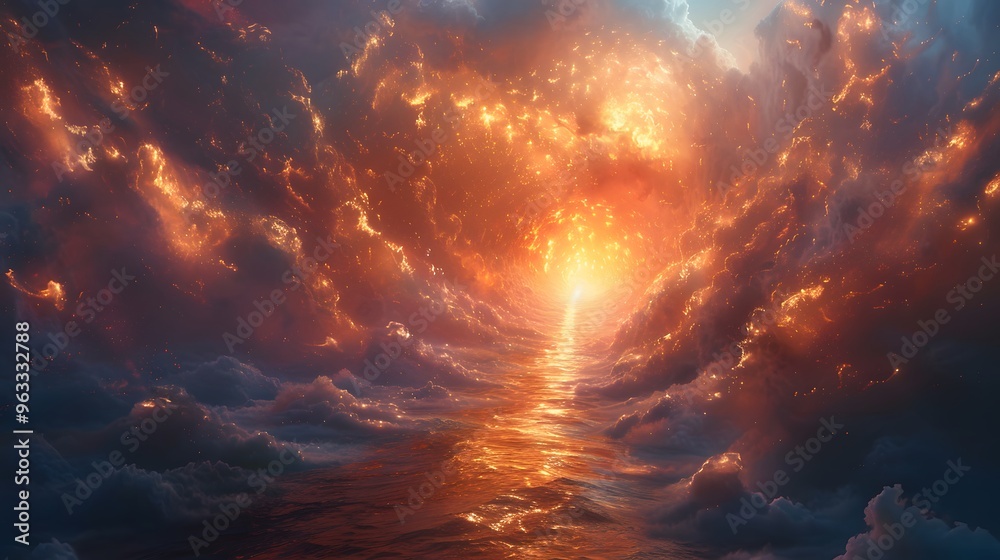 Depict the miraculous scene where the Red Sea parts to form a shimmering, divine pathway, with Moses leading the Israelites through the surreal landscape filled with glowing light Depict the miraculous scene where the Red Sea parts to form a shimmering, divine pathway, with Moses leading the Israelites through the surreal landscape filled with glowing light