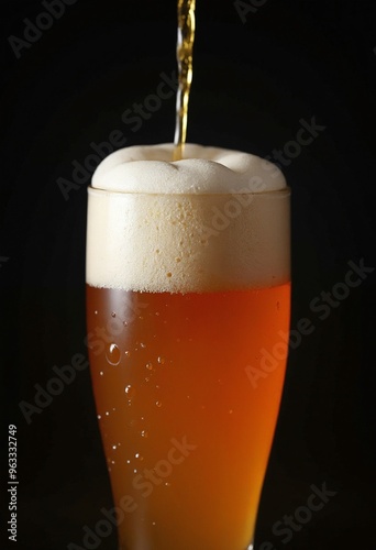 Close up of Pouring Golden Craft Beer in Glass with Frothy Foam and Bubbles on Dark Background