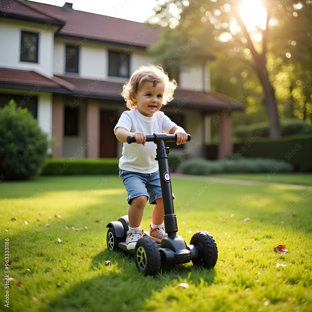 A young child riding a small electric scooter or toy vehicle on a grassy lawn in front of a house, or road with trees and sunlight in the background A young child riding a small electric scooter or toy vehicle on a grassy lawn in front of a house, or road with trees and sunlight in the background
