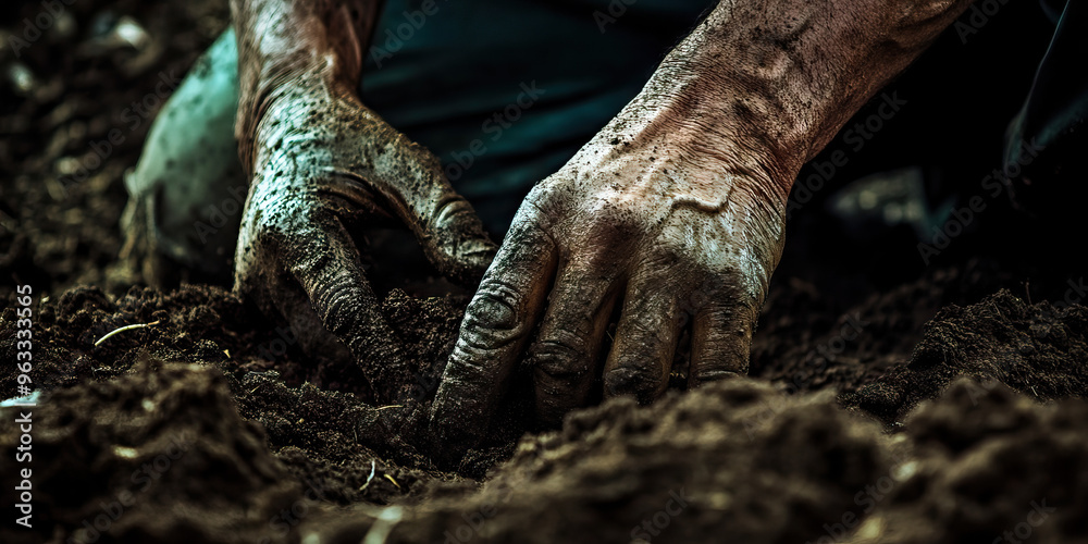 Farmer's Hands: A weathered farmer working the soil, planting seeds for the next harvest. Farmer's Hands: A weathered farmer working the soil, planting seeds for the next harvest.