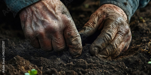 Farmer's Hands: A weathered farmer working the soil, planting seeds for the next harvest.