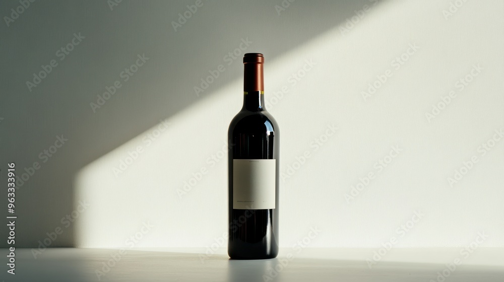 A Single Bottle of Red Wine on a White Surface with a Light Shadow