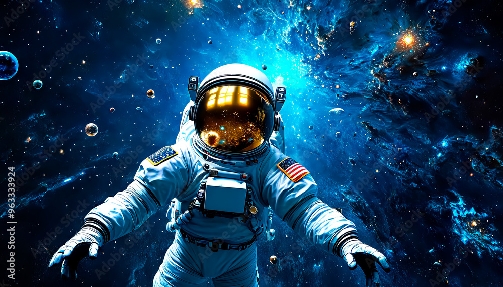 astronaut floats in the abyss of space, surrounded by a cosmic ocean of galaxies and nebulae forming unique constellations