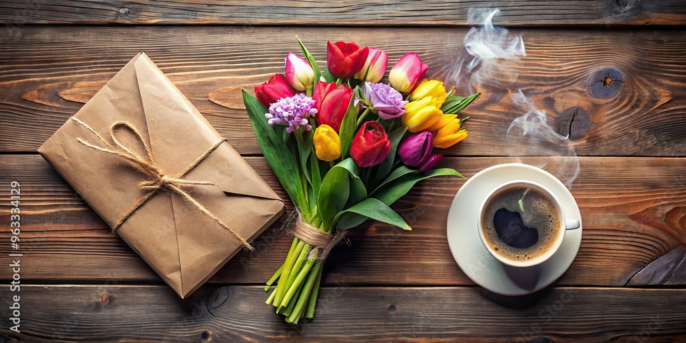 A beautifully styled flat lay of a mother's day gift, complete with a bouquet of vibrant flowers, a heartfelt letter, and a steaming cup of coffee, all arranged artfully on a rustic wooden table.